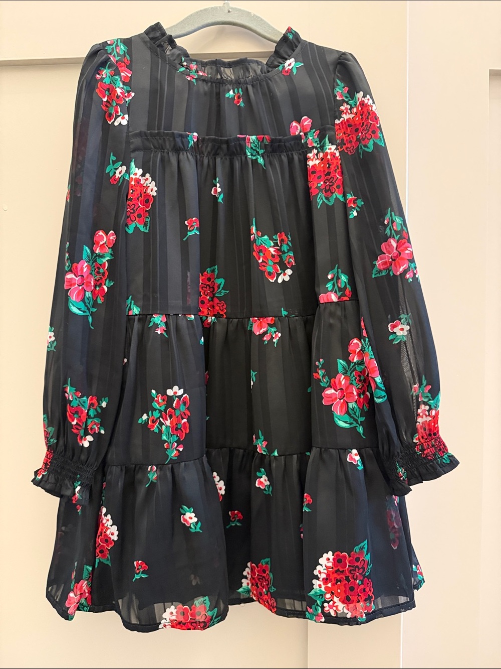 Cat & Jack Black Tiered Dress with Red & Green Floral Print